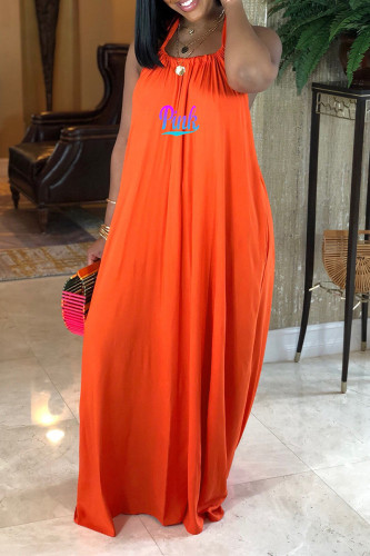 Casual Letter Print Draw String Lace Up Backless Halter Sleeveless Dresses