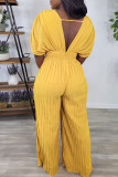 Casual Solid Color Patchwork Pleated V Neck Loose Jumpsuits