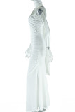 Elegant Solid Color Patchwork Backless Slit Asymmetrical Collar Long Dresses