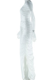 Elegant Solid Color Patchwork High Slit Ruched Strap Design Off Shoulder Long Dresses