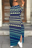 Sexy Geometric Print Slit Contrast Off Shoulder Printed Dresses