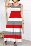 Casual Striped Print Pocket Contrast V Neck Loose Jumpsuits