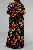 Casual Floral Print Lace Up Slit V Neck Printed Plus Size Dresses