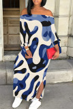 Sexy Geometric Print Slit Contrast Off Shoulder Printed Dresses