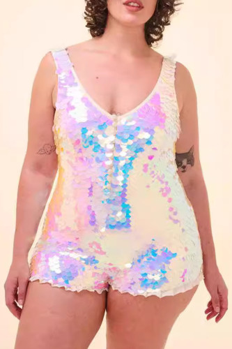 Sexy Sequins Buttons Patchwork V Neck Skinny Bodysuits