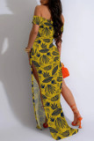 Sexy Floral Print Slit Contrast Off Shoulder Printed Dresses