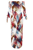 Sexy Geometric Print Slit Contrast Off Shoulder Printed Dresses