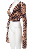 Sexy Print Patchwork Ruched Asymmetrical Collar Tops