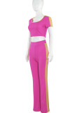 Casual Patchwork Contrast U Neck Short Sleeve Two Pieces