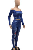 Sexy Print Patchwork Backless Off Shoulder Long Sleeve Two Pieces