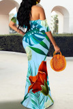 Elegant Print Patchwork Backless Off Shoulder Long Dresses