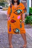 Casual Print Pocket V Neck Short Sleeve Plus Size Dresses