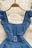 Sexy Solid Color Patchwork Backless Ruched With Belt Zipper Square Neck High Waist Boot Cut Denim Dresses