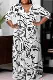Casual Print Basic V Neck Long Plus Size Dresses