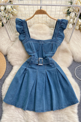 Sexy Solid Color Patchwork Backless Ruched With Belt Zipper Square Neck High Waist Boot Cut Denim Dresses