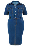 Street Solid Color Pocket Buckle Patchwork Turndown Collar Wrapped Skirt Plus Size Dresses
