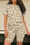 Casual Daily Striped Print Love Print Contrast O Neck Short Sleeve Two Pieces