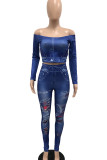 Sexy Print Patchwork Backless Off Shoulder Long Sleeve Two Pieces