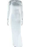 Sexy Solid Color Hollow Out Patchwork Backless Slit Asymmetrical Collar Long Dresses