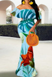 Elegant Print Patchwork Backless Off Shoulder Long Dresses