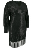 Street Solid Color Fringed Trim Sequins Patchwork Zipper V Neck Wrapped Skirt Plus Size Dresses