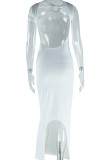 Sexy Solid Color Hollow Out Patchwork Backless Slit Asymmetrical Collar Long Dresses