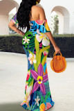 Elegant Print Patchwork Backless Off Shoulder Long Dresses