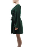 Celebrities Solid Color Draw String Patchwork Ruched O Neck Straight Dresses