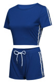 Casual Draw String Patchwork Contrast O Neck Short Sleeve Two Pieces