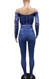 Sexy Print Patchwork Backless Off Shoulder Long Sleeve Two Pieces