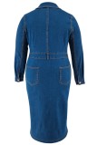 Casual Solid Color Pocket Buttons Turndown Collar Denim Plus Size Dresses