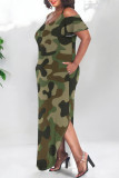 Casual Leopard Camouflage Faux Denim Print Pocket Contrast U Neck Printed Plus Size Dresses