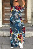 Casual Street Floral Print Slit Contrast Off Shoulder Printed Dresses