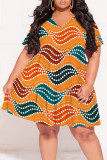 Casual National Totem Geometric Print Contrast V Neck Printed Plus Size Dresses