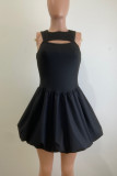 Sexy Solid Color Hollow Out Patchwork O Neck A Line Dresses