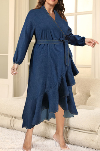 Elegant Solid Color Patchwork Strap Design Ruffled Trim V Neck Irregular Plus Size Dresses