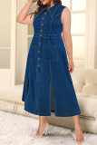 Elegant Solid Color Pocket Buckle Patchwork Slit Turndown Collar Long Plus Size Dresses