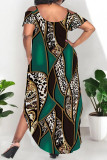 Casual Leopard Camouflage Faux Denim Print Pocket Contrast U Neck Printed Plus Size Dresses