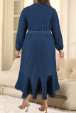 Elegant Solid Color Patchwork Strap Design Ruffled Trim V Neck Irregular Plus Size Dresses