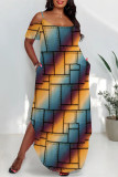 Casual Leopard Camouflage Faux Denim Print Pocket Contrast U Neck Printed Plus Size Dresses