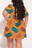 Casual National Totem Geometric Print Contrast V Neck Printed Plus Size Dresses