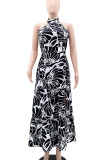 Elegant Print Patchwork High Slit Strap Design O Neck Long Dresses