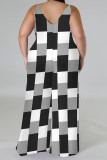 Casual Street Plaid Camouflage Print Letter Print Contrast V Neck Plus Size Jumpsuits(With a turban)