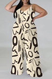 Casual Street Plaid Camouflage Print Letter Print Contrast V Neck Plus Size Jumpsuits(With a turban)