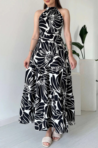 Elegant Print Patchwork High Slit Strap Design O Neck Long Dresses
