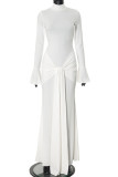 Elegant Solid Color Patchwork Strap Design Turtleneck Long Dresses