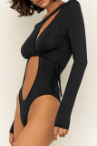 Sexy Solid Color Hollow Out Patchwork Strap Design O Neck Skinny Bodysuits
