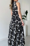 Elegant Print Patchwork High Slit Strap Design O Neck Long Dresses