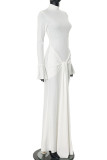 Elegant Solid Color Patchwork Strap Design Turtleneck Long Dresses