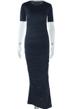 Elegant Solid Color Patchwork O Neck Long Dresses